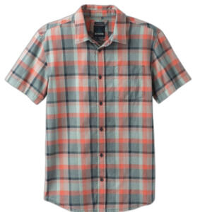 Prana Bryner Gray Orange Black Plaid Organic Cotton Slim SS Button Up Shirt Sz L